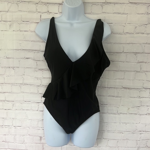 Kona sol asymmetrical ruffle high coverage black one piece swimsuit - Picture 2 of 8